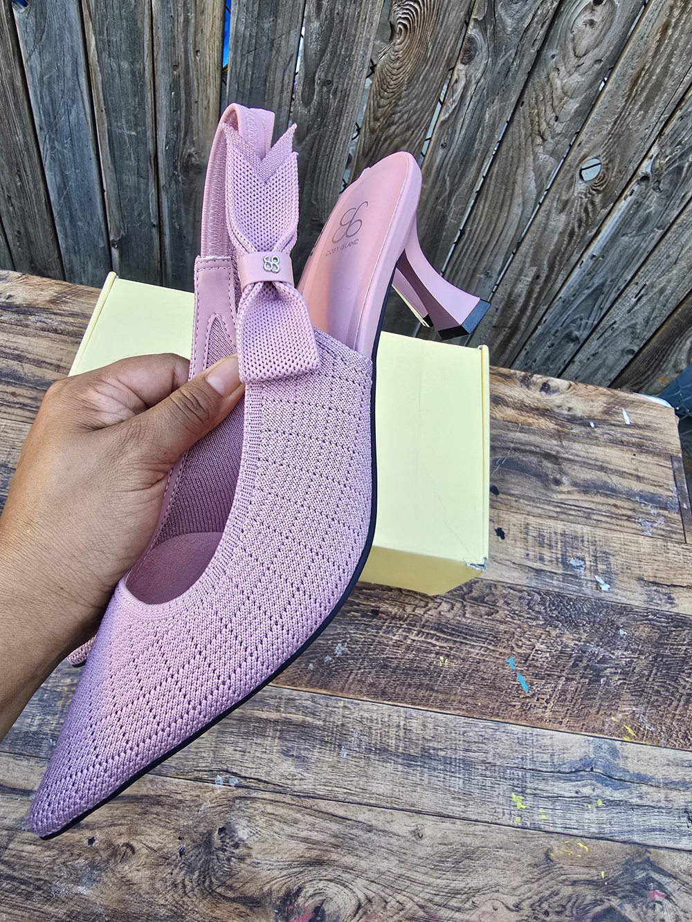 Pink Knit Slingback Heels with Bow Accent - Women's Dress Pumps